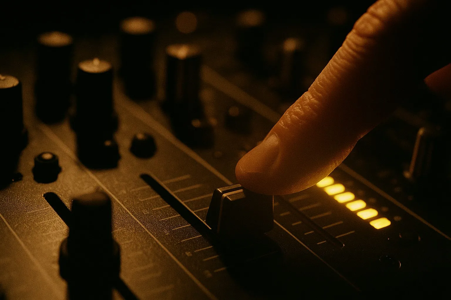 DJ eğitiminde mixer üzerinde kanal fader'ını yükselten parmak